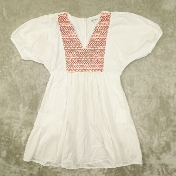 Madewell Embroidered White Poplin Puff‎ Sleeve V-Neck Mini Dress Size Small - Picture 1 of 10